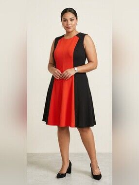 Signature Collection Colorblock Mesh Panel Skater Dress Size 1X Black Orange-Red